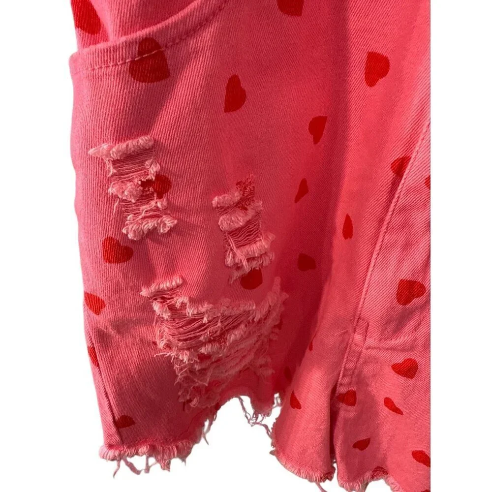 Mainstrip Romeo Heart Denim Distressed Romper Pink with Red Hearts Size S EUC